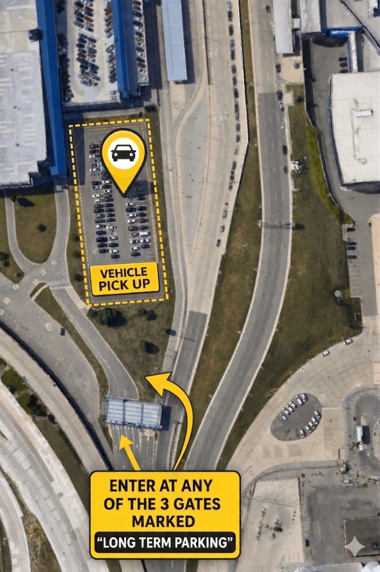 Overhead DTW map with yellow arrows from the Long Term Parking gates to the outdoor van pickup and return lot
